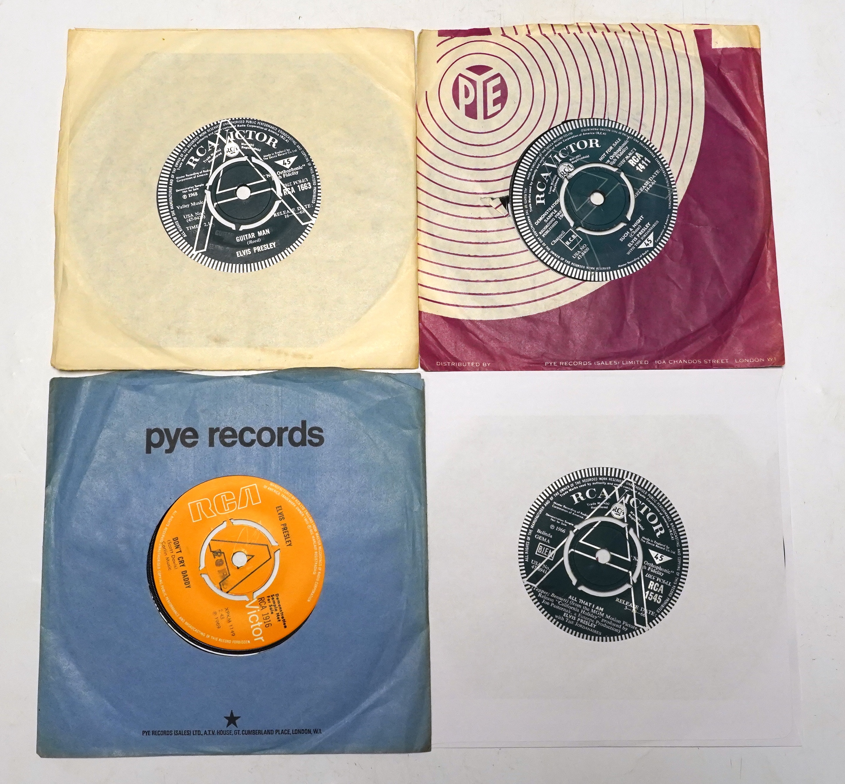 Four Elvis Presley original RCA Victor Demonstration Record 7” singles; All That I Am/Spinout (release date 13-10-66), Such A Night/Never Ending (release date 14-8-64), Guitar Man/Hi Heel Sneakers (release date 16-2-68),